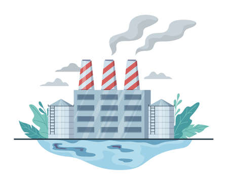 Air pollution and dirty environment danger concept. Industrial technology and manufacture process toxic smoke and pollute air and water. Ecology in danger idea. Vector illustration in cartoon styleのイラスト素材