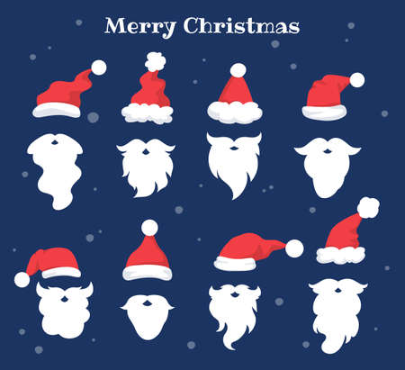 Set of vector illustration of Santa Claus red and white hats, moustache and beard. Holiday set of Christmas character symbol for festive decorationのイラスト素材