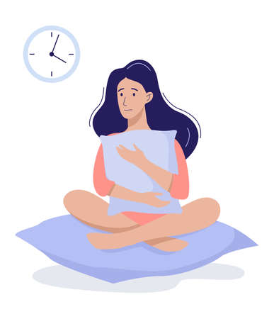 Stressed young woman suffering from the insomnia. Girl with no sleep at night. Tired sleepy character. Flat illustrationのイラスト素材