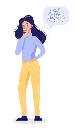Vector illustration of a young woman with bewildered thoughts in her mind. Girl having anxiety, obsessive tangled thoughts. Unhappy female character think about a problem.のイラスト素材