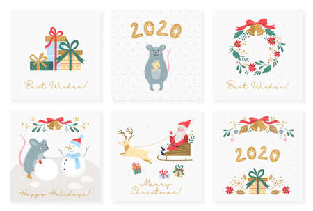 Vector illustration set of vintage posters for christmas and new year. Set of holiday card in retro style. Collection of banner with christmas decoration and gift, santa claus, red bow, golden bellsのイラスト素材
