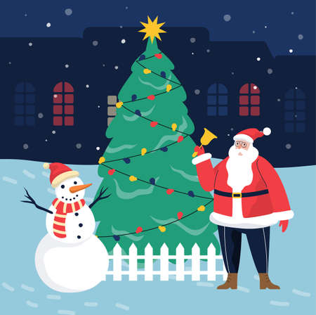 Santa Claus standing by Christmas tree with lights and big golden star and snowman. Santa holding Christmas golden bell. Cute holiday season cartoon illustration. Christmas and New Year celebration.