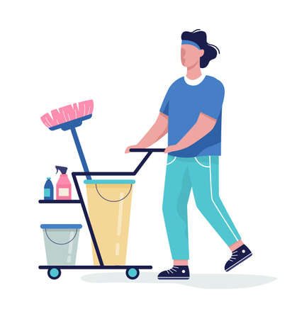 Cleaning concept. Man with cleaning equipment. Detergent in bottle and sponge, mop and bucket. Vector illustration in flat styleのイラスト素材