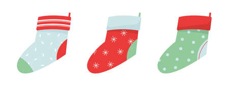 Christmas cute stocking for gift place inside. Decoration for home and fireplace with candy. Happy New Year concept. Isolated flat illustrationのイラスト素材