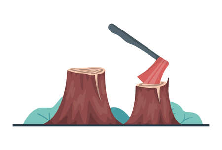 Vector illustration of deforestation concept. Axe in the stump, Empty landscape, ecology catastrophe. Forest choppingのイラスト素材