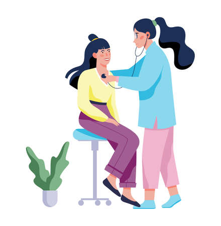 Female doctor in uniform examine patient with stethoscope. Medical checkup and health examination. Professional treatment. Isolated vector illustration in cartoon styleのイラスト素材