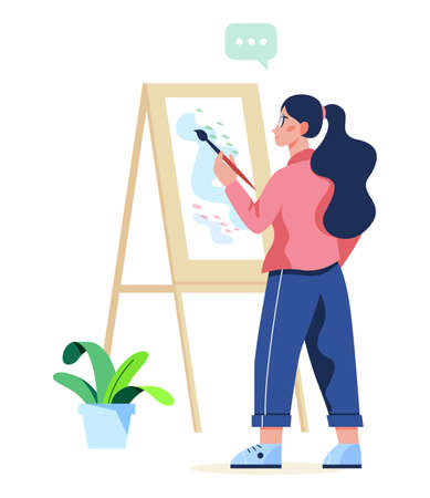 Art hobby concept illustration. Idea of creative people. Female artist standing in front of big easel, holding a brush and paints.のイラスト素材