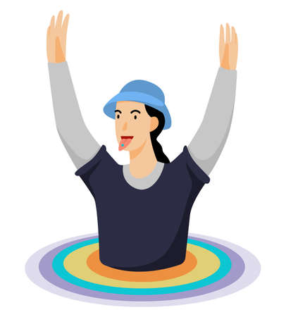 Vector illustration of young woman taking drugs and having visual illusions. Idea of drug addiction, unhealthy lifestyle. Girl taking isd pillsのイラスト素材