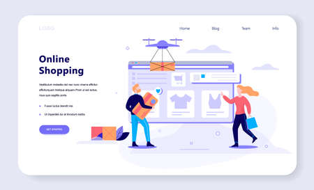 Online shopping, E-commerce, female and male customer choosing clothes. Web page design. Internet marketing. Isolated vector illustration in flat styleのイラスト素材
