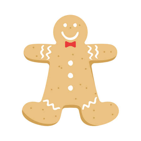 Vector holiday icon happy gingerbread man with a bowtie. Fun xmas party element, festive symbol. Isolated vector illustrationのイラスト素材
