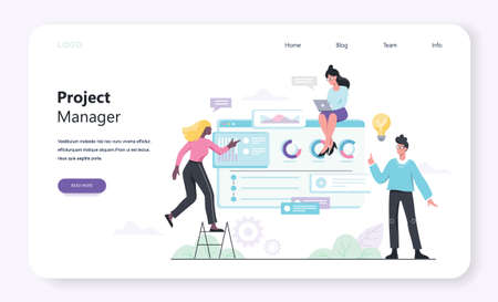 Project management web banner concept. Idea of business plan and strategy. Marketing analysis and development. Vector illustration in cartoon styleのイラスト素材