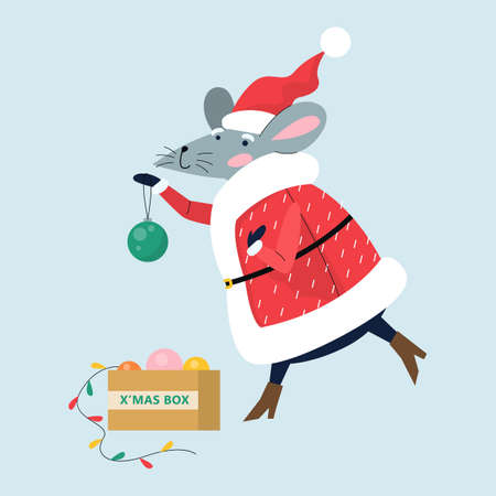 Cute Christmas rat. Animal character holding festive stuff. 2020 year symbol holding Christmas tree decorations. Isolated vector illustration in flat styleのイラスト素材