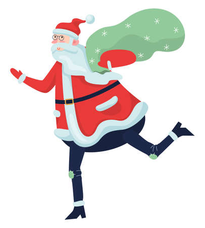 Santa Claus running with a big bag full of presents. Cute holiday season cartoon illustration. Christmas and New Year celebration.のイラスト素材