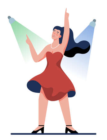 Happy smiling young woman in red on stage. Attractive female person pose under the lights. Supermodel show. Vector illustration in cartoon styleのイラスト素材