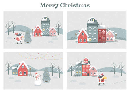 Christmas winter town vector illustration set. Festive character and holiday decoration. Christmas tree with traditional decoration, lights and snowman. Christmas card collectionのイラスト素材