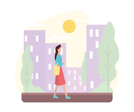 Woman going to the work. Office worker walking on the street with briefcase. Female character walking. Isolated flat vector illustrationのイラスト素材