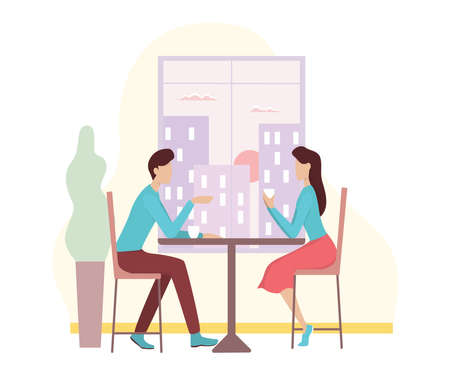 Romantic couple sitting in cafe. Vector illustration of couple having a date at restaurant.のイラスト素材
