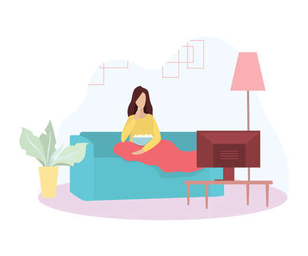 Happy woman sitting on the sofa and watch TV show. Comfortable couch, relaxation at home. Isolated vector illustration in cartoon styleのイラスト素材