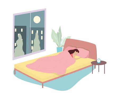Woman sleep. Person rest in the bed on the pillow late at night. Peaceful dream and relax. Vector illustration in cartoon styleのイラスト素材