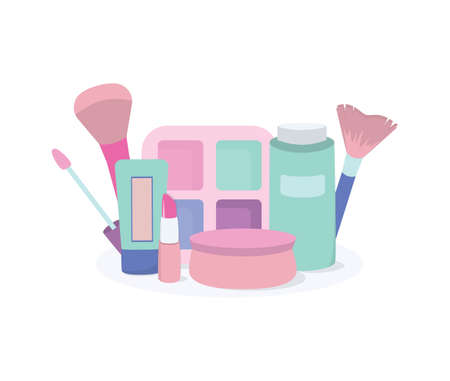 Collection of makeup and beauty products. Brush and lipstick, foundation and eyeshadow. Isolated vector illustrationのイラスト素材