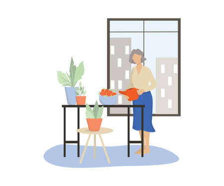 Vector illustration of an old woman watering her home garden. Old female character look after plants. Retired lifestyle concept.のイラスト素材