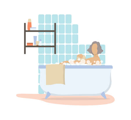 Old woman taking a bath. Elder female character washing herself. Idea of beauty and hygiene. Retired lifestyle concept. Isolated vector illustration in cartoon styleのイラスト素材