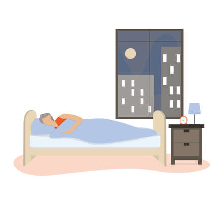 Old woman sleep. Elder person rest in the bed on the pillow late at night. Peaceful dream and relax. Vector illustration in cartoon styleのイラスト素材