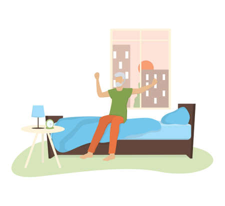 Old man wearing a pajama in the bed after a sleep. Old man relaxing on the bed in his bedroom. Isolated vector illustration in cartoon styleのイラスト素材