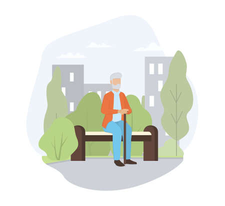 Old man sitting on the bench in the park. Elder person life style. Isolated vector illustration in cartoon styleのイラスト素材
