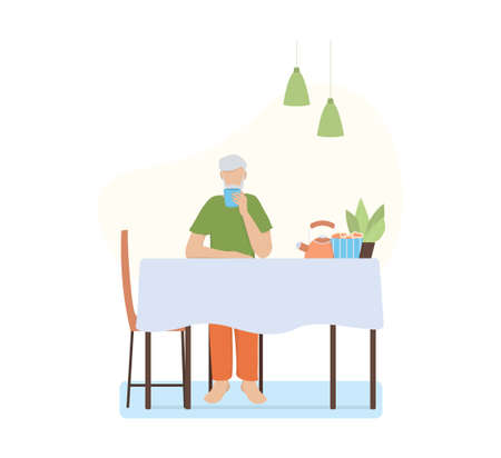Old man sitting at the table and drink tea. Happy grandfather at home. Senior male character having breakfast or dinner in the kitchen, Isolated vector illustrationのイラスト素材