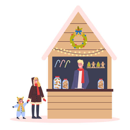 Christmas market vector illustration. Festive food and holiday decoration. Big Christmas tree with traditional decoration. People buying Christmas presents, having fun outside.のイラスト素材