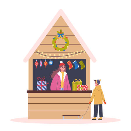 Christmas market vector illustration. Festive food and holiday decoration. Big Christmas tree with traditional decoration. People buying Christmas presents, having fun outside.のイラスト素材
