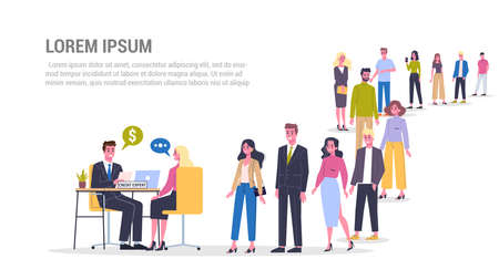 Vector illustration of big queue of people standing towards a credit expert. Credit concept web banner. Idea of banking system and payment. People in the long crowd waiting for their turn.のイラスト素材