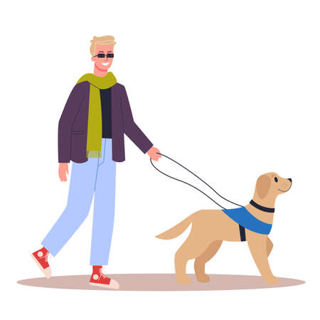 Disabled people living active life concept. Blind men with dog escort. Flat vector illustration in cartoon style.のイラスト素材