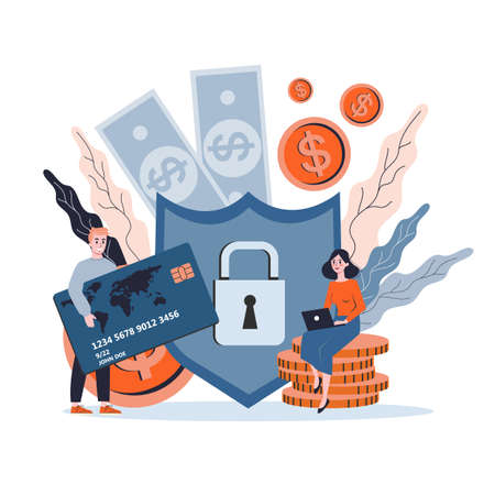 Isolated vector illustration of money protection concept, banking safety. Idea of secure payment, personal information security, bank account protection.のイラスト素材
