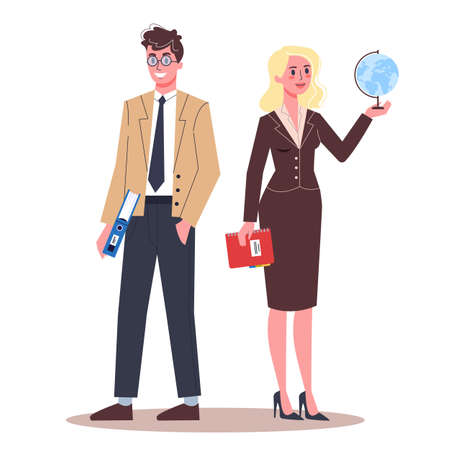 Male and female professors. School teacher. Modern profession for woman and man. Idea of education and knowledge. Isolated flat vector illustrationのイラスト素材