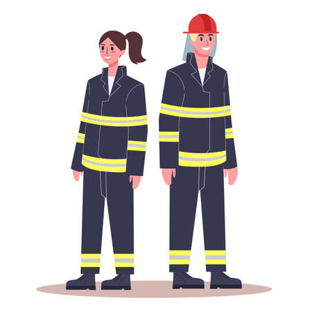 Female and male firefighter. Fireman and firewoman in uniform with equipment: extinguisher, helmet and other. Modern profession for woman and man. Flat vector illustrationのイラスト素材