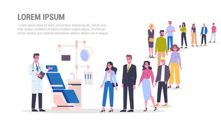 Vector illustration of big queue of people standing towards a dentist. Idea of dental care and oral hygiene. Stomatology and teeth treatment. Adults standing in the long crowd waiting for their turn.のイラスト素材