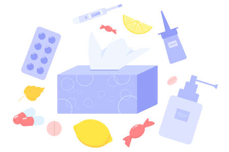 Healthcare and medical treatment concept. Collection of pharmacy drug. Medicine pill for disease treatment. Seasonal flu treatment. Flat vector illustrationのイラスト素材