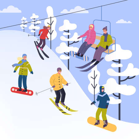 People in warm clothes doing winter activities. Vectorのイラスト素材