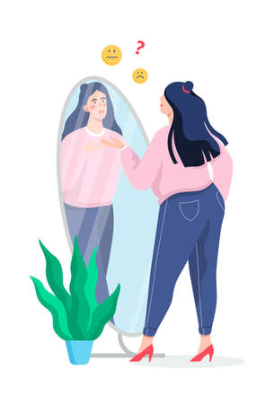 Sad fat woman looking in the mirror. Idea of obesity and overweight.のイラスト素材