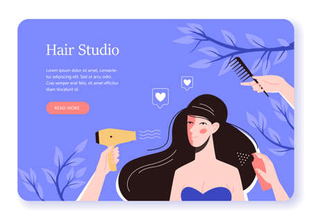 Vector illustration of woman in the hair studio, web banner concept.のイラスト素材