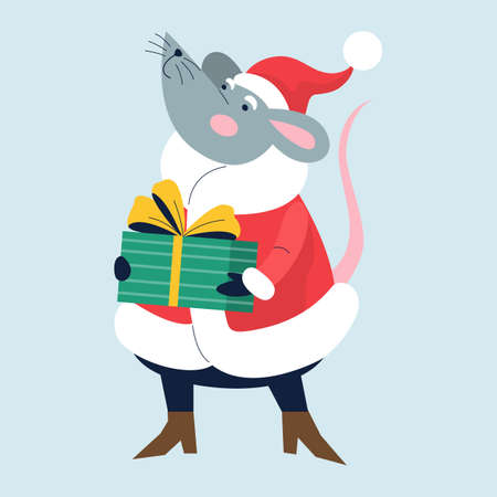 Cute christmas rat set holding festive stuff.のイラスト素材