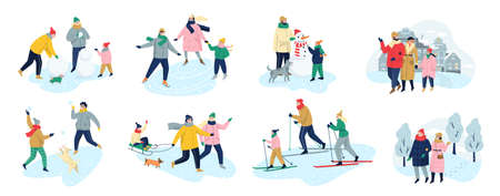 People spend time outdoot at winter. People in warm clothesのイラスト素材