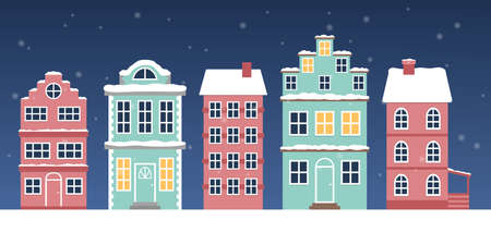 Christmas winter town vector illustration. Houses with lights onのイラスト素材