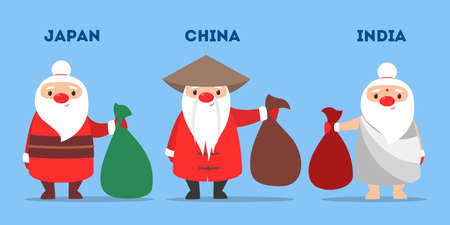 Set of cute funny Santa Claus wearing national costumes. Santaのイラスト素材