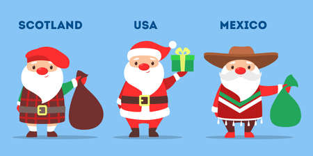 Set of cute funny Santa Claus wearing national costumes. Santaのイラスト素材