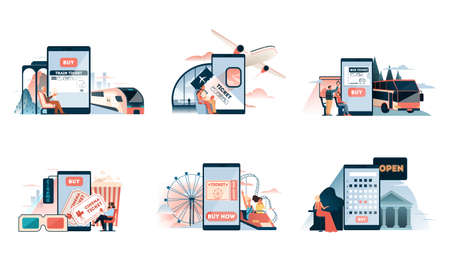 Booking bus, airplane, train, cinema, theatre or amusement park ticket onlineのイラスト素材