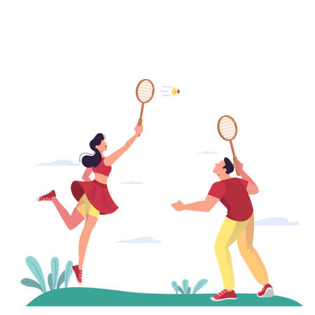 Female and male athlete play badminton in the park.のイラスト素材