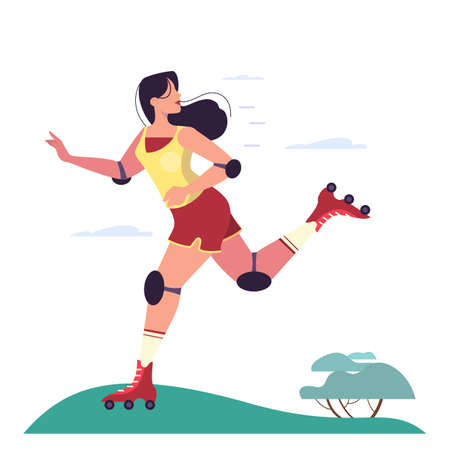 Young woman skating in the park. Woman with a roller skatesのイラスト素材